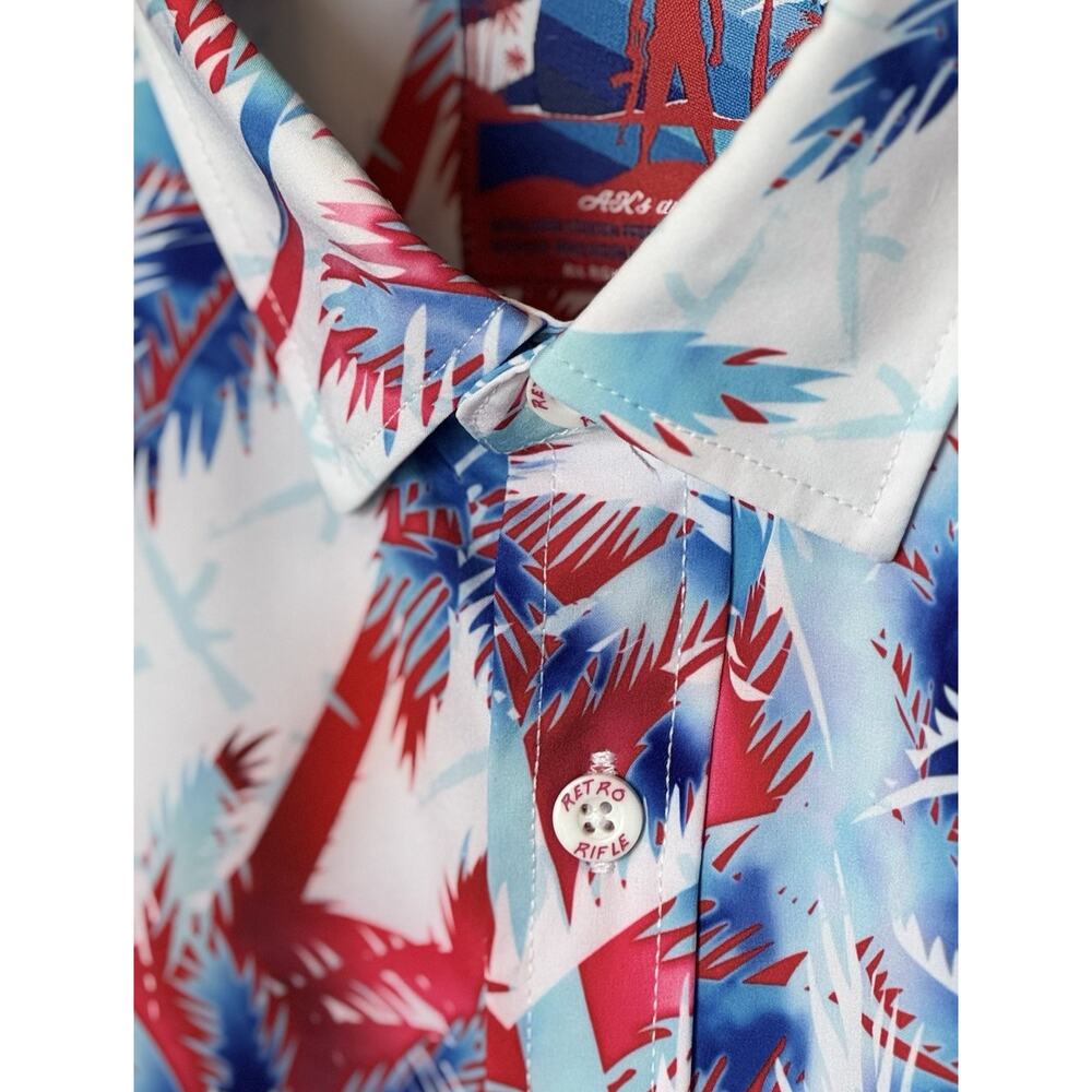 Retro Rifle AKs & Vacays Button Up Shirt Mens XL Red White Blue Hawaiian USA - Picture 8 of 11